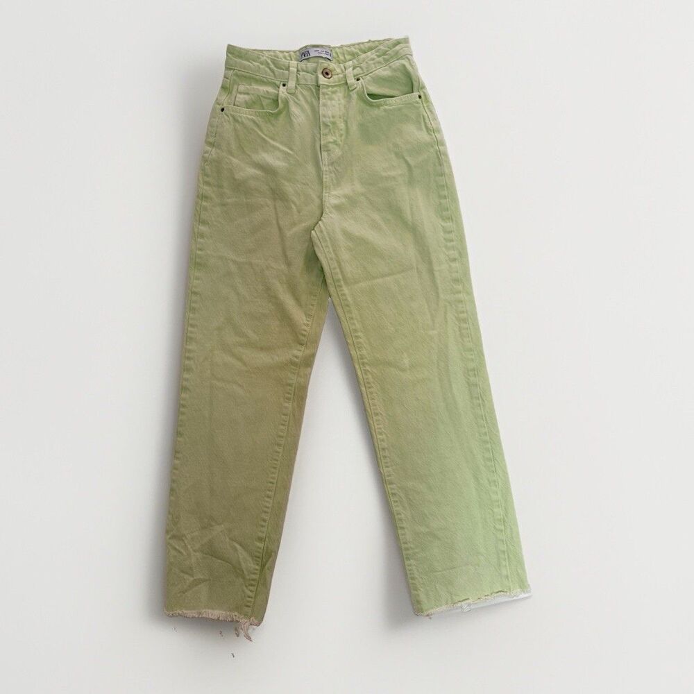 Zara High Waisted Cropped Raw Hem Jeans Light Green Lime Neon 0